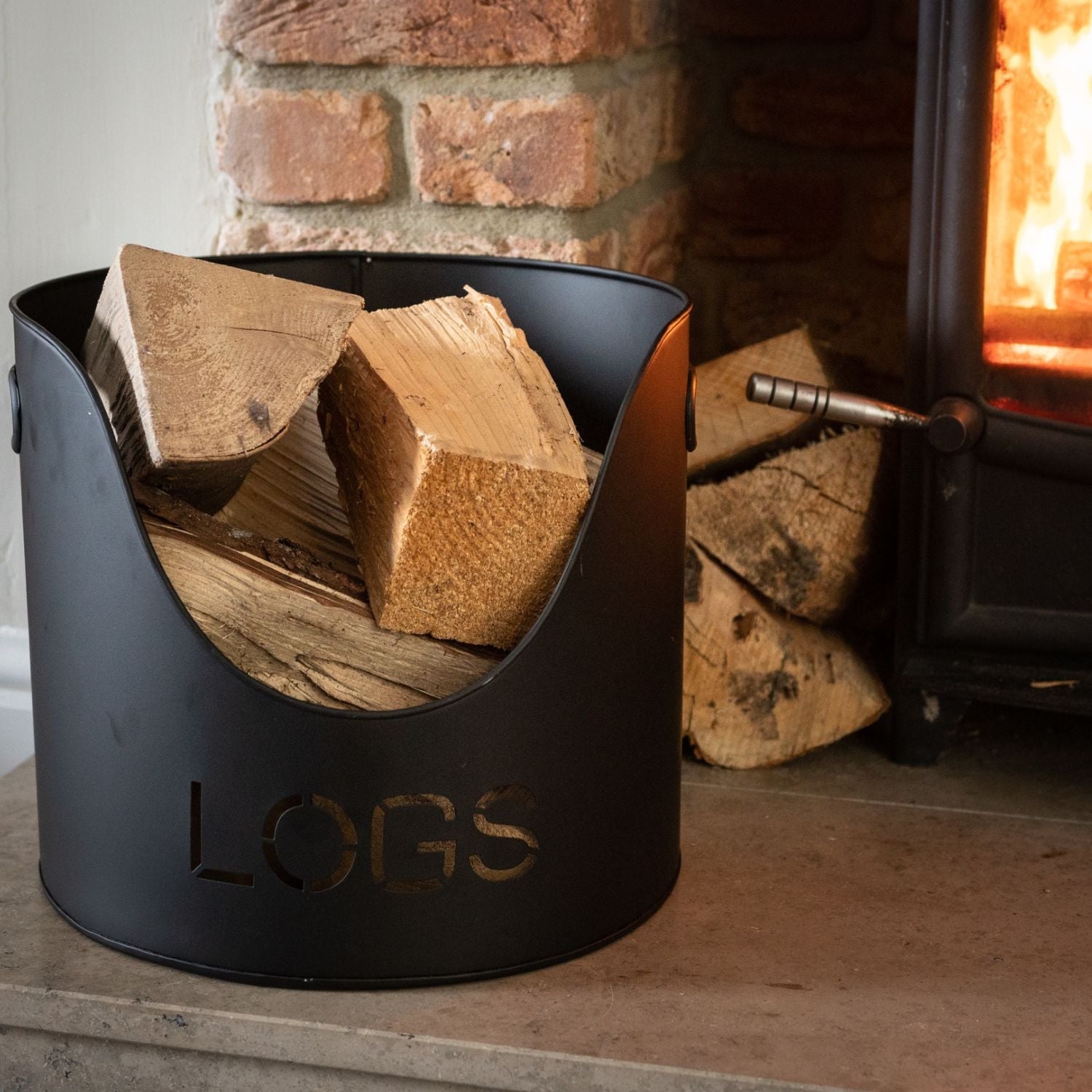 Fireside set, Black Logs and Kindling buckets with Matchstick holder