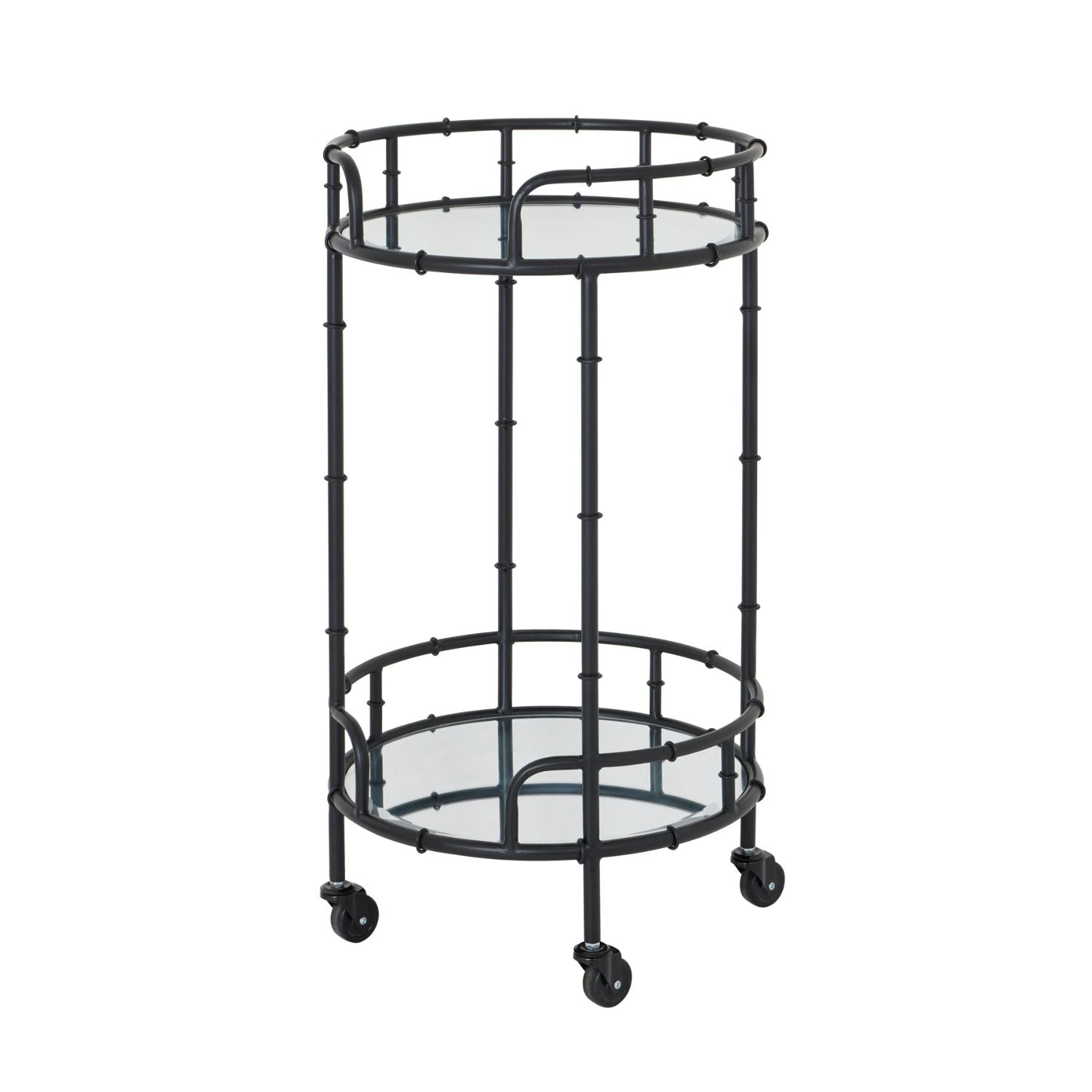 Black cocktail trolley with 2 shelves and wheels