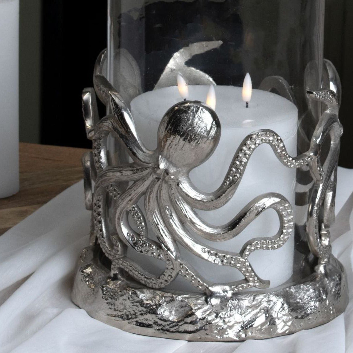 Silver octopus hurricane candle holder