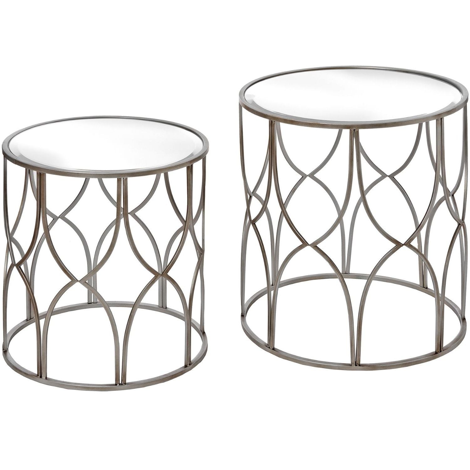 Two silver side tables with lattice design