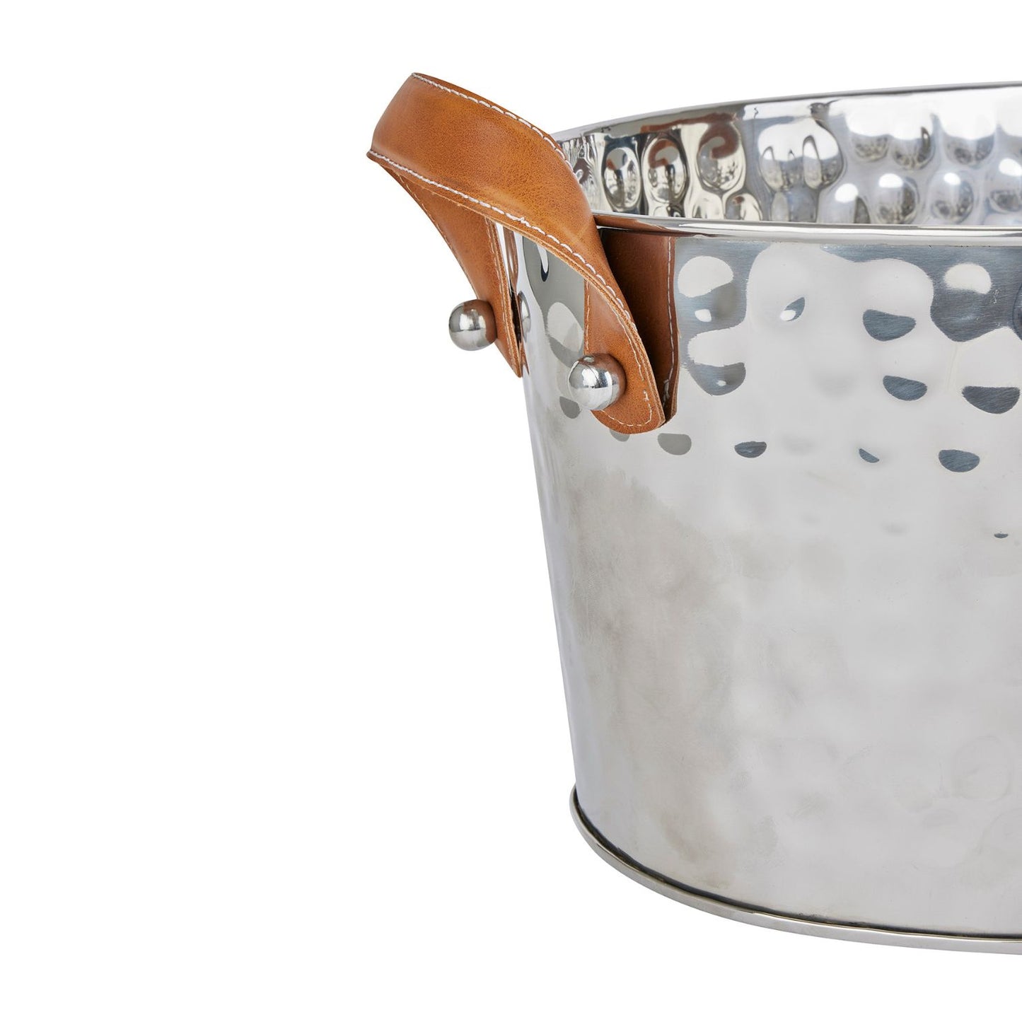 Large silver champagne cooler with leather handles