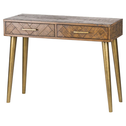 Wooden Console table with herringbone design and gold handles and legs