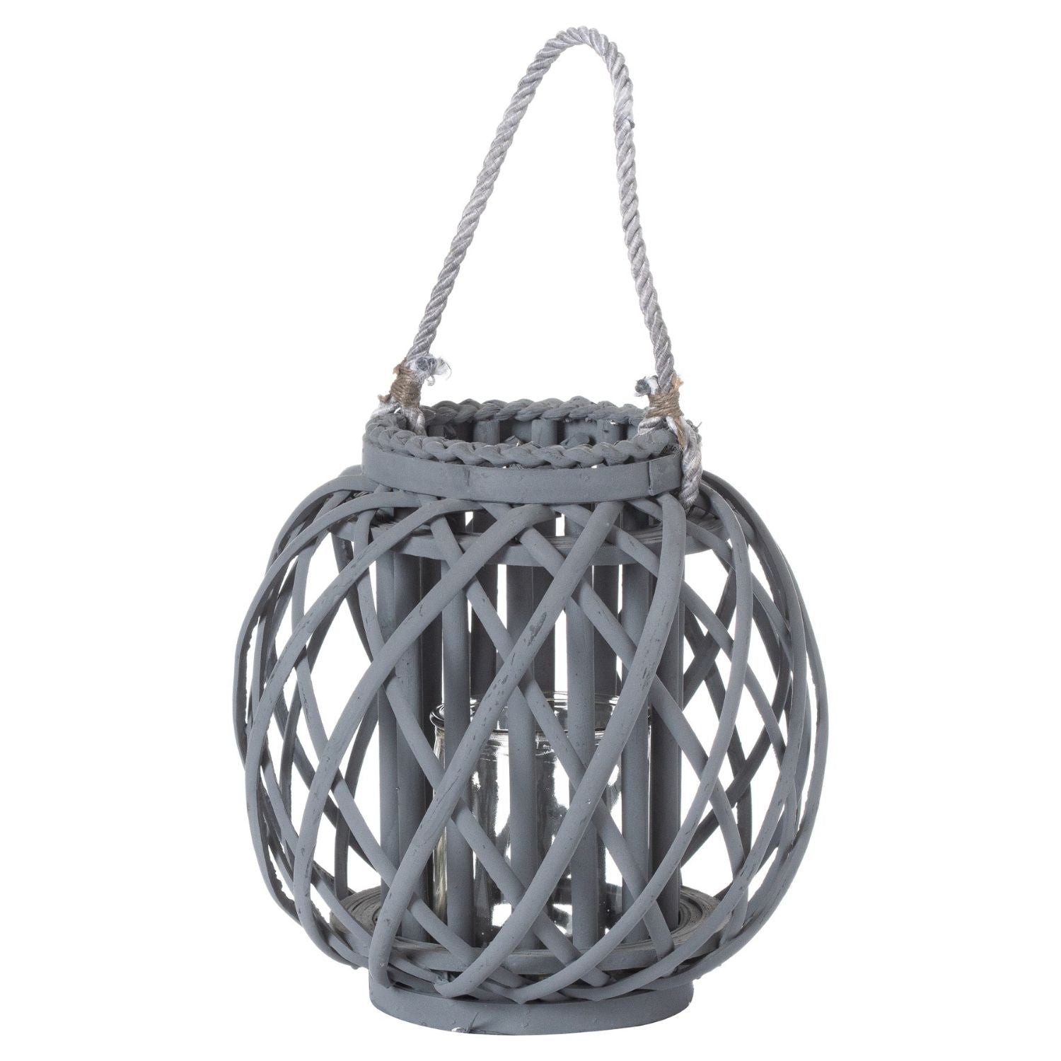 Small Wicker Basket Hurricane Lantern - Grey
